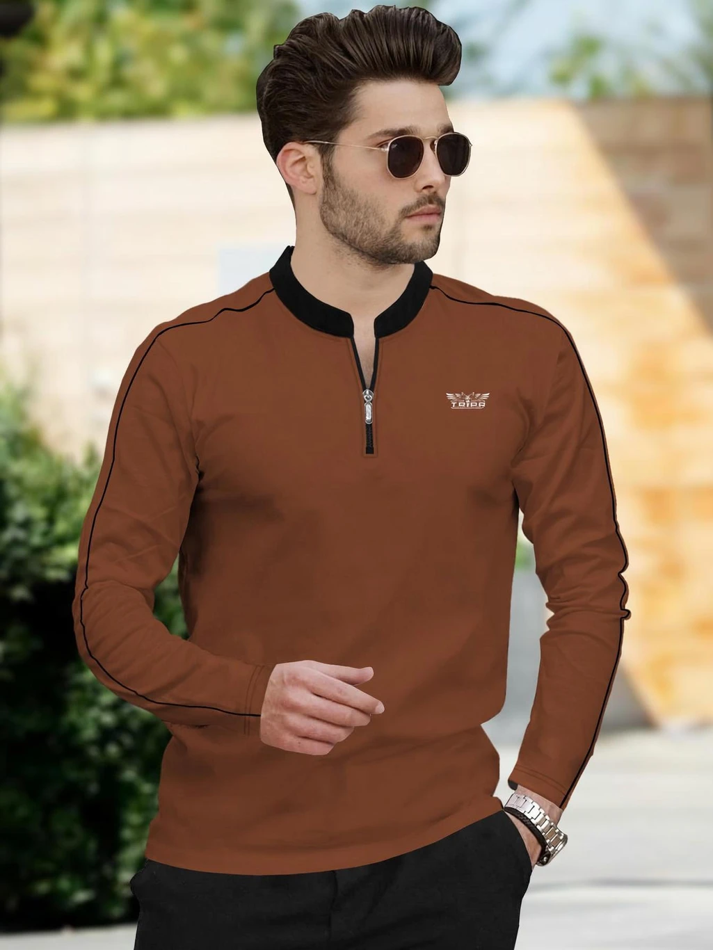 TRIPR Men Solid Mandarin Collar Cotton Blend Brown, Black